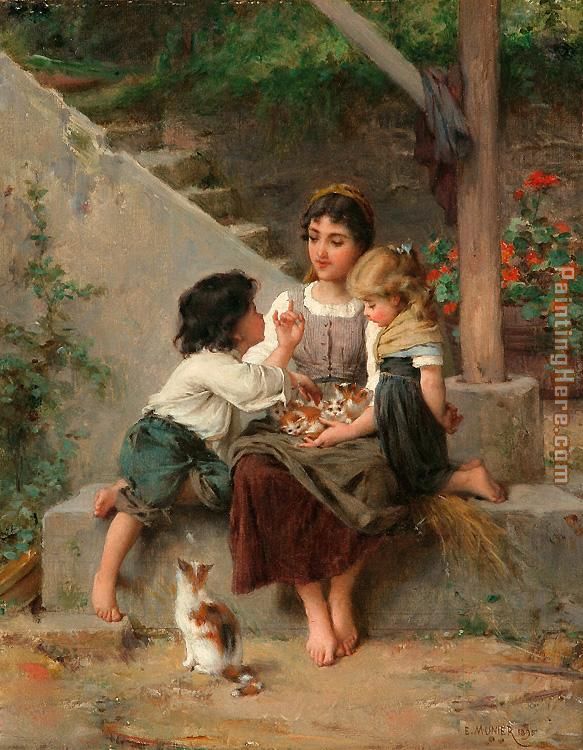 Playing with the Kittens painting - Emile Munier Playing with the Kittens art painting
